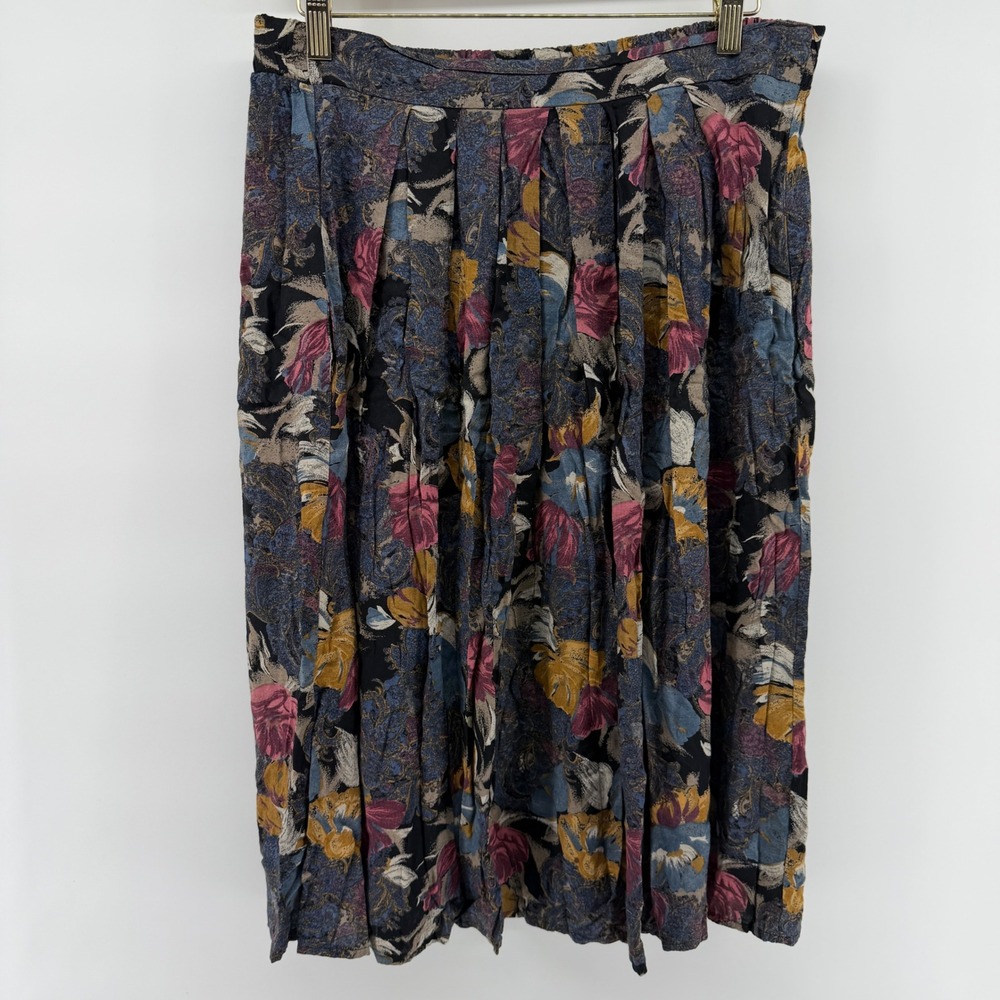 Vintage St Michael Floral Midi Skirt West Germany Viscose Pleated Blue Pink 27"
